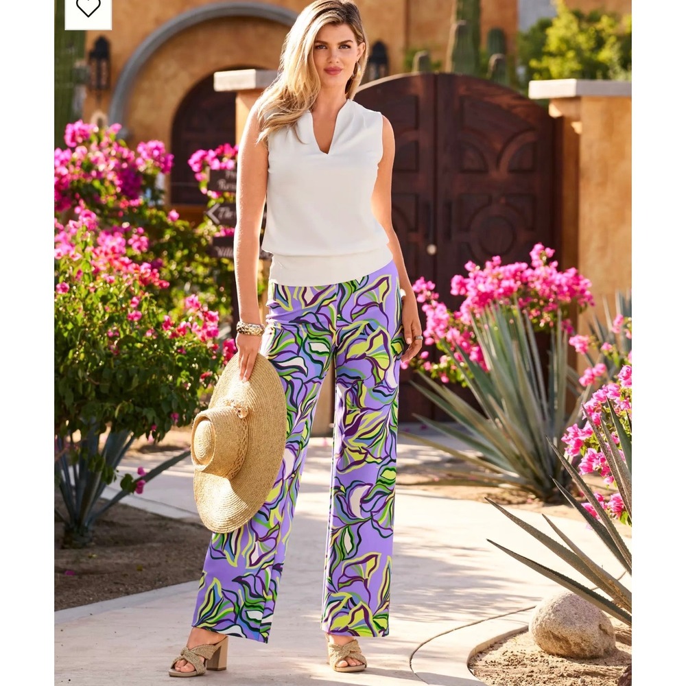 Boston Proper Purple Abstract Botanical Print Wide Leg Pull On Pants Stretch M